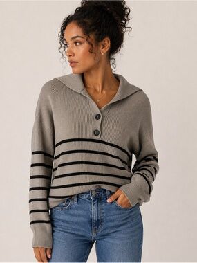 Cyrus Taupe and Black Striped V-Neck Pullover